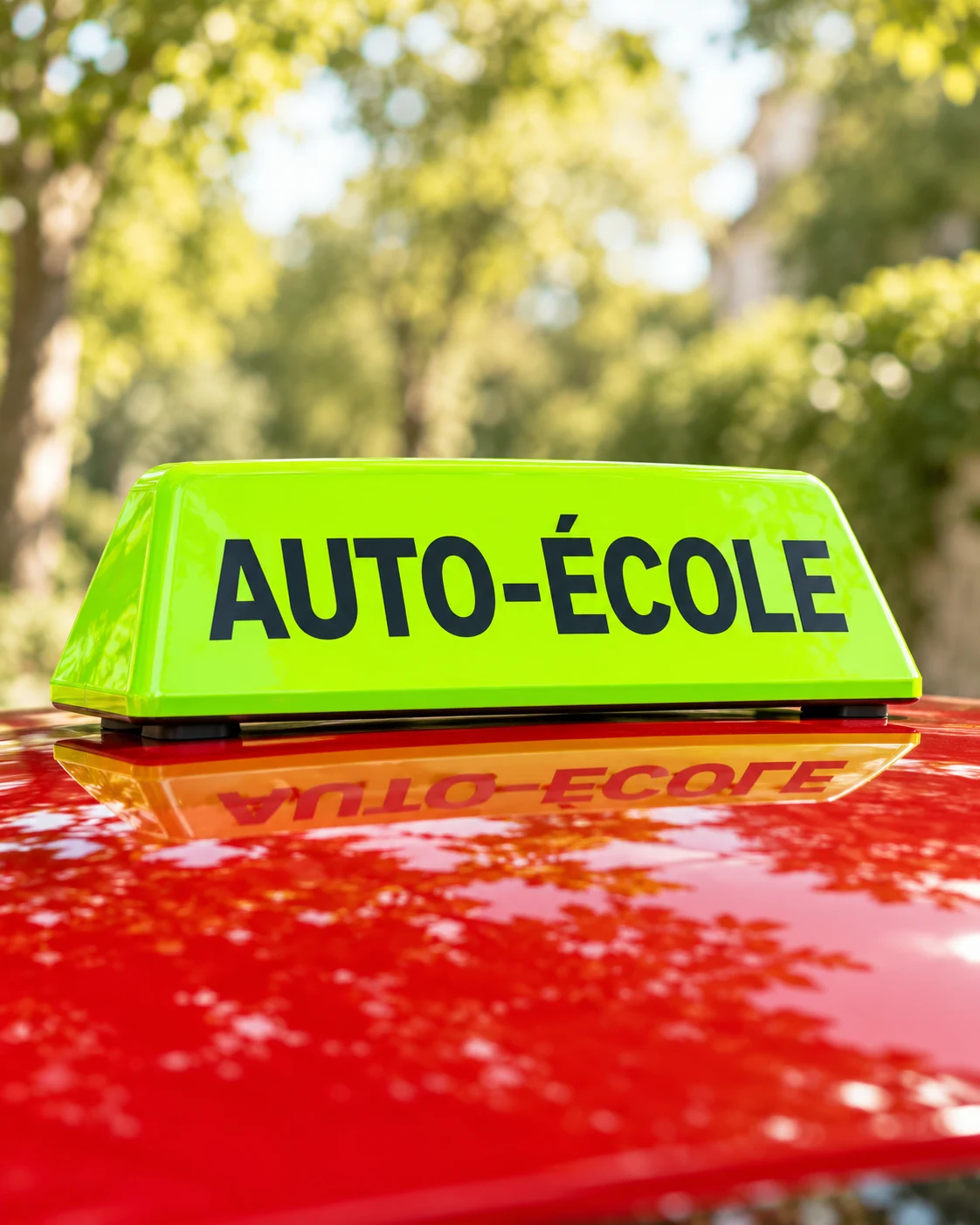 Gros plan sur un toit rouge et son panneau AUTO-ÉCOLE vert fluo